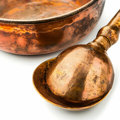 Antique copper bowl and ladle on white