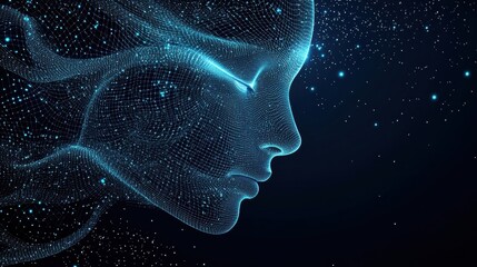 Aufkleber - A digital representation of a human face, composed of glowing particles and lines, set against a dark background, evoking themes of technology and abstraction.