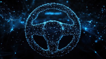 Poster - A futuristic digital representation of a car steering wheel, composed of interconnected blue dots and lines against a dark background.