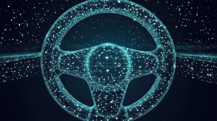 Poster - A glowing, digital steering wheel surrounded by a starry background, symbolizing innovation in automotive technology and virtual driving experiences.