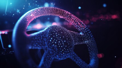 Poster - A futuristic, digital representation of a car steering wheel illuminated by vibrant blue and pink lights, showcasing a blend of technology and automotive design.