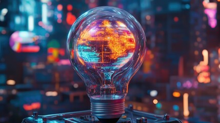Poster - Bright Idea in a Digital World: A Futuristic Light Bulb Showcasing a Glowing Digital Globe Against a Vibrant Cityscape at Night for Innovation Concepts
