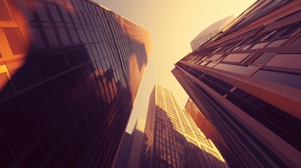 Poster - A striking, low-angle view of modern skyscrapers, showcasing reflective glass facades and warm, golden tones against a clear sky.
