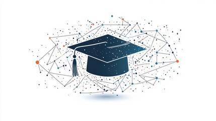 Poster - A graduation cap surrounded by a network of interconnected dots and lines, symbolizing education and digital connectivity.