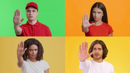 Poster - A collection of diverse individuals expresses various emotions through gestures against bright backgrounds. Each person showcases unique feelings