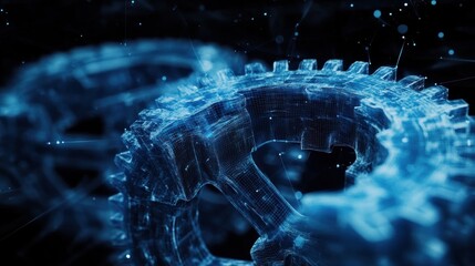 Poster - A close-up view of interconnected gears depicted in a luminous blue digital style, emphasizing technology and precision in machinery.