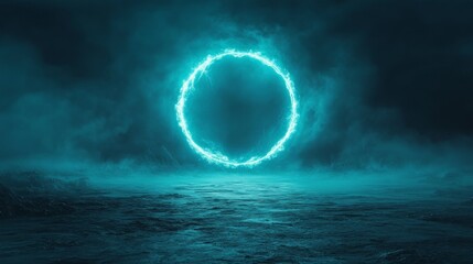 Wall Mural - glowing circular energy portal over dark waterscape