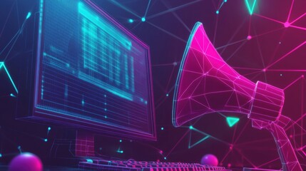 Aufkleber - A digital representation of a computer and a loudspeaker, intertwined in a vibrant, geometric design, symbolizing technology and communication.