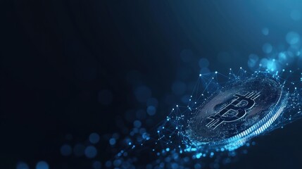 Poster - A digital representation of a Bitcoin, surrounded by a blue glow and abstract particles, symbolizing cryptocurrency and blockchain technology.