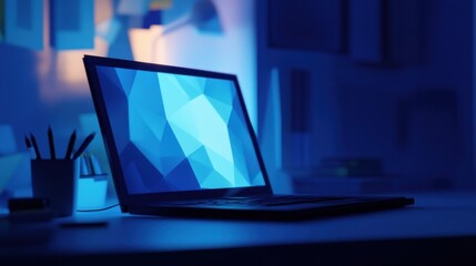 Poster - A dimly lit workspace features a laptop displaying a geometric blue design, surrounded by creative tools in a tranquil atmosphere.