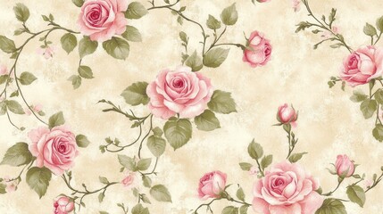  Classic Vintage Floral Pattern with Pink Roses and Green Leaves