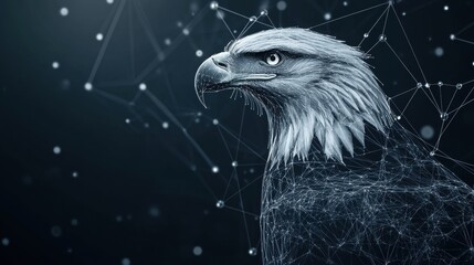 Poster - A digital representation of an eagle, interwoven with a network of lines and dots, symbolizing technology and nature's fusion.