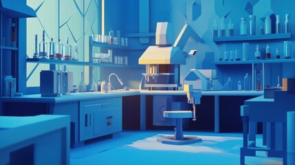 Poster - A modern laboratory scene featuring a microscope, laboratory equipment, and a blue color palette, emphasizing a clean and scientific environment.