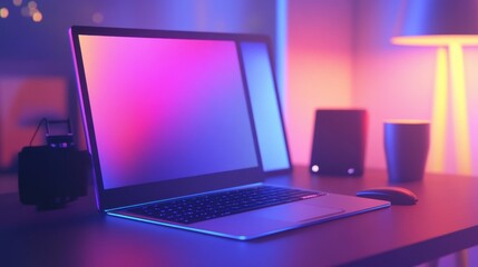 Poster - A sleek laptop sits on a modern desk, surrounded by ambient lighting, creating a vibrant and tech-savvy atmosphere.