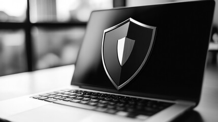 Poster - A sleek laptop displays a shield logo on its screen, symbolizing cybersecurity and protection in a modern workspace.