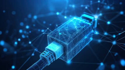 Poster - A digital representation of a cable connector, illuminated with blue light, surrounded by a network of glowing nodes and connections.