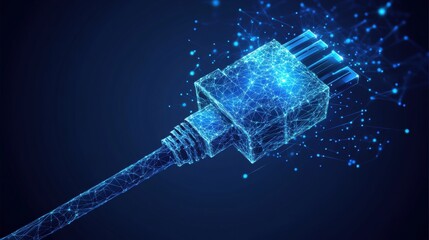 Poster - A futuristic USB cable appears to be emanating digital particles against a dark blue background, symbolizing connectivity and technology.