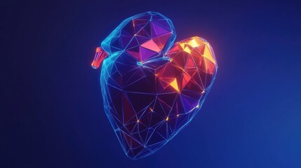 Poster - A futuristic, geometric illustration of a swan silhouette forming a heart, glowing with vibrant colors against a dark background.