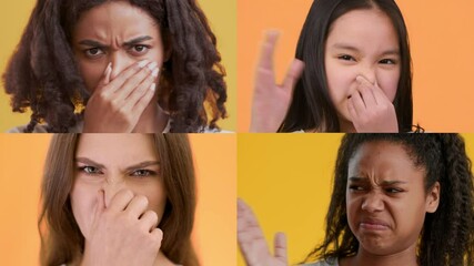 Poster - Four individuals showcase a range of emotions against vibrant backgrounds. Each person displays unique feelings through gestures and facial expressions, highlighting diversity.