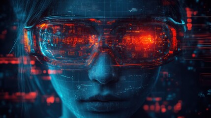 Woman wearing futuristic goggles displaying digital data.