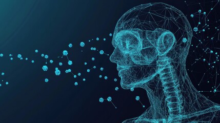 Aufkleber - A digital representation of a human head, showcasing a wireframe structure with floating particles, symbolizing technology and neuroscience.