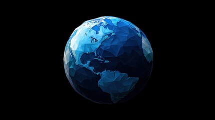Poster - A stylized, geometric representation of Earth in shades of blue, set against a black background, emphasizing its spherical form and intricate textures.