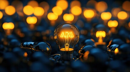 Poster - A glowing light bulb stands out among a sea of dark bulbs, symbolizing innovation and creativity in a visually striking way.