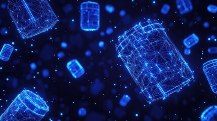 Aufkleber - A futuristic digital representation featuring floating blue cylindrical shapes in a dark background, resembling data or technology concepts.