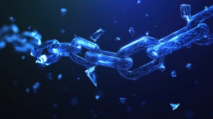 Aufkleber - A glowing, fragmented blue chain floats against a dark background, symbolizing breaking barriers or connections in a digital world.