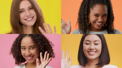 Poster - Happy attractive multiracial ladies waving at camera and smiling, posing isolated over colorful backgrounds, collage