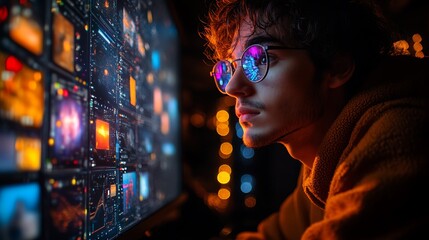 Young Man Focuses on a Multi Screen Display