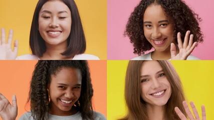 Poster - Beautiful multiracial ladies waving at camera and smiling, posing isolated over colorful backgrounds, collage