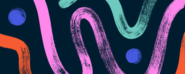 Aufkleber - Funky contemporary banner background with squiggled brush strokes and dots. Hand drawn vector illustration with bold curves, squiggles, swirls and circles. Multi colored funky design banner.