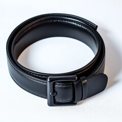 Black leather belt rolled into a circle on a white background, showing the buckle and stitching details.