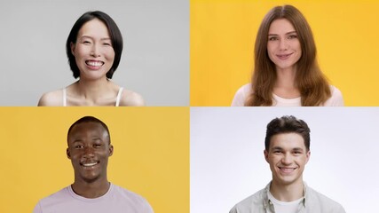 Poster - Four individuals of different backgrounds are smiling warmly. They are positioned in a grid format, with each person set against distinct bright backgrounds, creating a cheerful atmosphere.