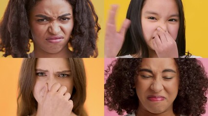 Poster - A collection showcases diverse individuals displaying various emotions through their facial expressions. Each person brings a unique gesture that highlights human feelings.
