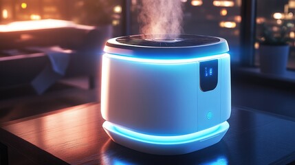 Poster - A futuristic air purifier glowing softly in a dimly lit room, with visible clean air flow represented by light beams.