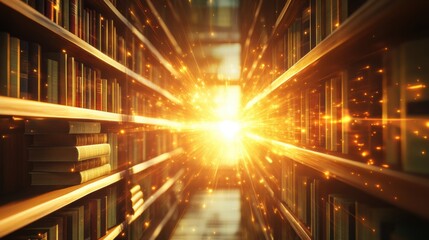 Wall Mural - A bookshelf filled with glowing books emitting light beams, Knowledge scene, Illuminating style