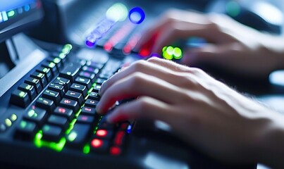 Hands typing on illuminated keyboard, gaming or coding, dark room