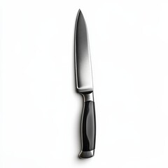 Sharp stainless steel kitchen knife with black handle isolated on white background.