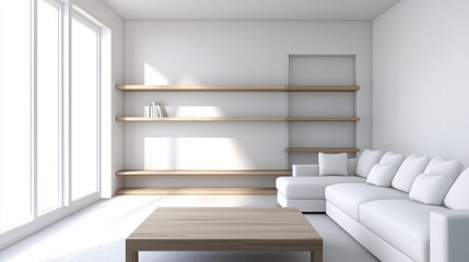 Poster - Modern Minimalist Living Room Interior Design White Sofa Wooden Shelves Sunlight Interior 3D Render