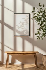 Poster - Modern Minimalist Interior Design Scene with Wooden Bench Frame and Plant Interior 3D Render