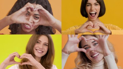 Poster - A collection of four people of different backgrounds smiling and forming heart shapes with their hands against bright, colorful backgrounds, showcasing a joyful celebration of love and unity.