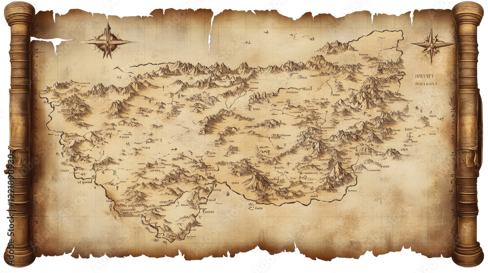 Ancient Treasure Map A weathered, antique treasure map unfolds