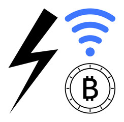 Poster - Lightning bolt in black, wireless signal in blue, and Bitcoin coin symbol in black. Ideal for technology, cryptocurrency, energy, internet, finance, digital innovation, communication themes. Line