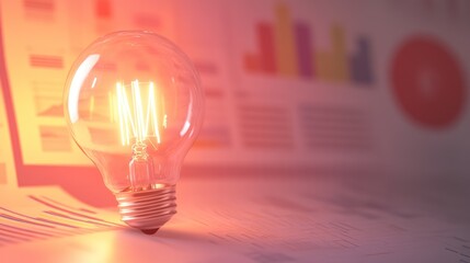 Poster - Illuminating Ideas: A Glowing Lightbulb on Business Charts