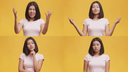 Poster - A woman showcases a range of emotions including joy, confusion, contemplation, and frustration against a bright yellow background. This vibrant depiction highlights diversity in emotional expressions.