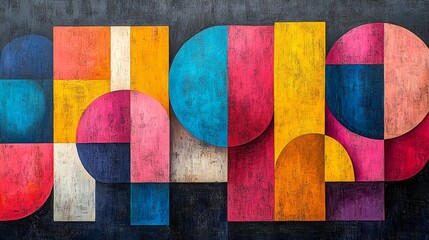 Poster - A vibrant and textured abstract composition featuring geometric shapes in bold hues on a dark background creating a modern art piece