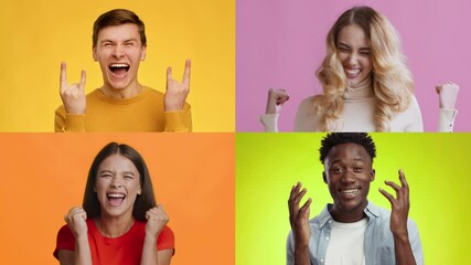 Poster - A collage featuring men and women displaying various emotional expressions, including happiness and excitement, against bright and colorful backgrounds that enhance their energy.
