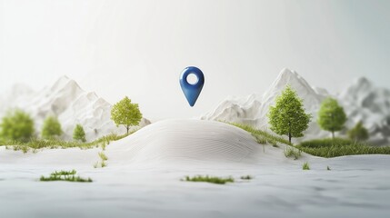 blue location pin in a scenic landscape with mountains and green trees under a soft sky
